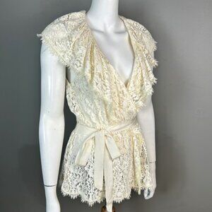 NWOT BCBGMaxAzria Lace Ruffle Top with Tie, Cotton Blend - XS, Cream, Ivory